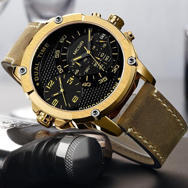 wristwatches megir men's creative big dial dual quartz wrist watch military sport hour leather strap gold men clock relogio masculino, Slivery;brown
wristwatches megir men's creative big dial dual quartz wrist watch military sport hour leather strap gold men clock relogio masculino, Slivery;brown