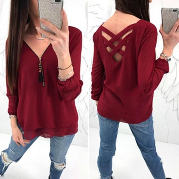 fashion women back hollow out long sleeve blouse 2021 casual loose solid color deep v neck zipper chiffon blouses plus size women's &, White
fashion women back hollow out long sleeve blouse 2021 casual loose solid color deep v neck zipper chiffon blouses plus size women's &, White