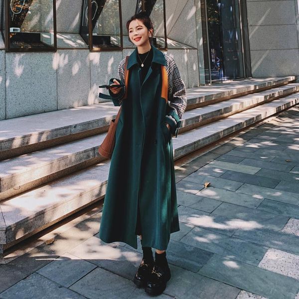 women's wool & blends woolen coat loose plaid stitching dark green long autumn winter big size thick jacket lapel double breasted ladie, Black
women's wool & blends woolen coat loose plaid stitching dark green long autumn winter big size thick jacket lapel double breasted ladie, Black