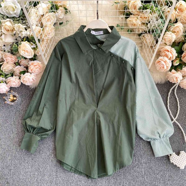 women's blouses & shirts double fake personality piece patchwork striped female green blouse puffing sleeve buttons and fancy decorated, White
women's blouses & shirts double fake personality piece patchwork striped female green blouse puffing sleeve buttons and fancy decorated, White