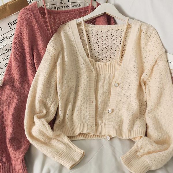 women's knits & tees autumn sets wild short camisole slim v neck hollow out sweaters single-breasted long-sleeved knit cardigan solid, White
women's knits & tees autumn sets wild short camisole slim v neck hollow out sweaters single-breasted long-sleeved knit cardigan solid, White