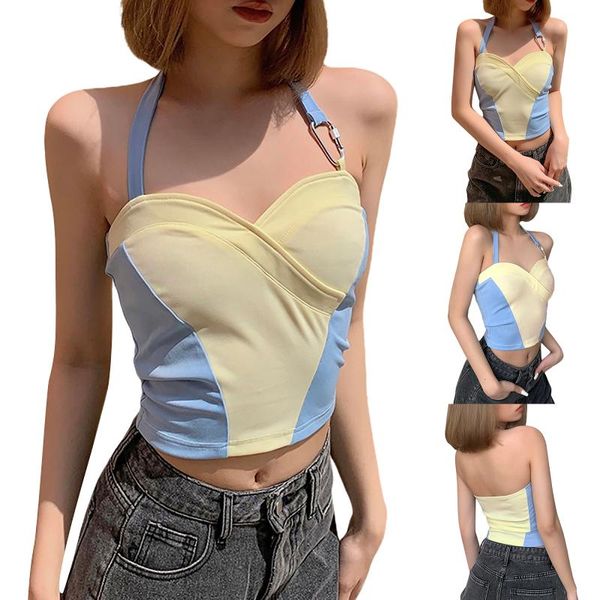women's tanks & camis slim fit belly button splicing contrast color hanging neck vest, fashionable sleeveless block metal clip vest, White
women's tanks & camis slim fit belly button splicing contrast color hanging neck vest, fashionable sleeveless block metal clip vest, White