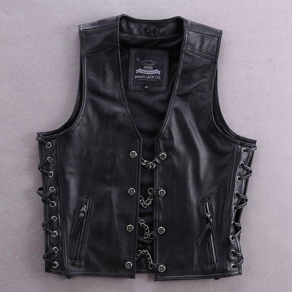 men's leather & faux 2021 motorcycle men first layer cowhide chain decoration slim short youth locomotive genuine vest, Black
men's leather & faux 2021 motorcycle men first layer cowhide chain decoration slim short youth locomotive genuine vest, Black