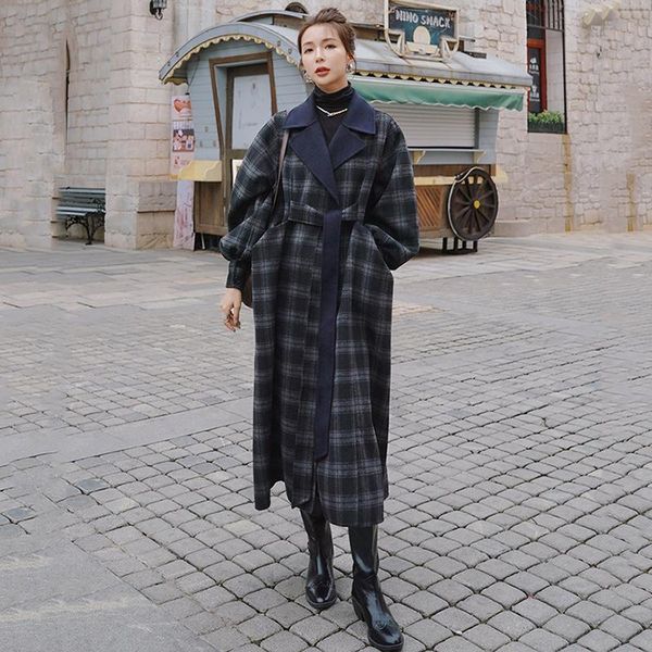 women's wool & blends woolen coat long winter plaid splicing korean casual retro ladies cloak thick loose fashion lapel straight jacket, Black
women's wool & blends woolen coat long winter plaid splicing korean casual retro ladies cloak thick loose fashion lapel straight jacket, Black