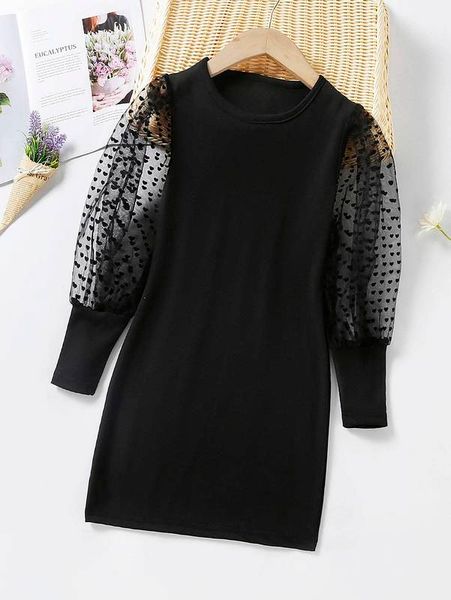 girls heart mesh insert bishop sleeve dress she, Red;yellow