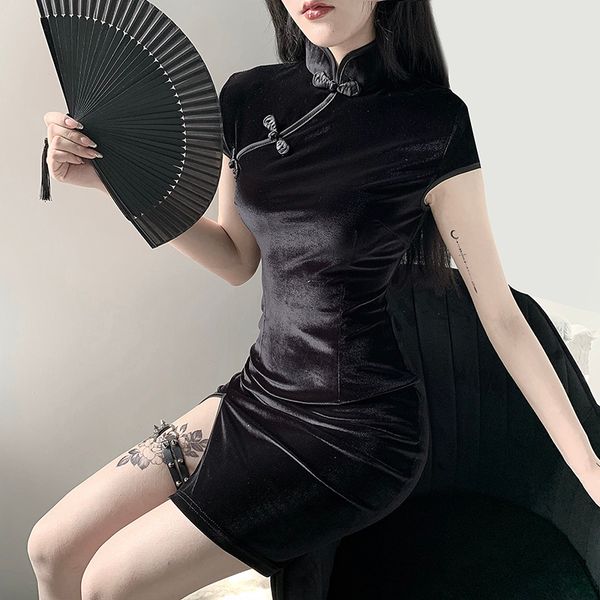 retro mini dress women bodycon cheongsam mini dress gothic party elegant solid black red pink female dress, Black;gray
retro mini dress women bodycon cheongsam mini dress gothic party elegant solid black red pink female dress, Black;gray