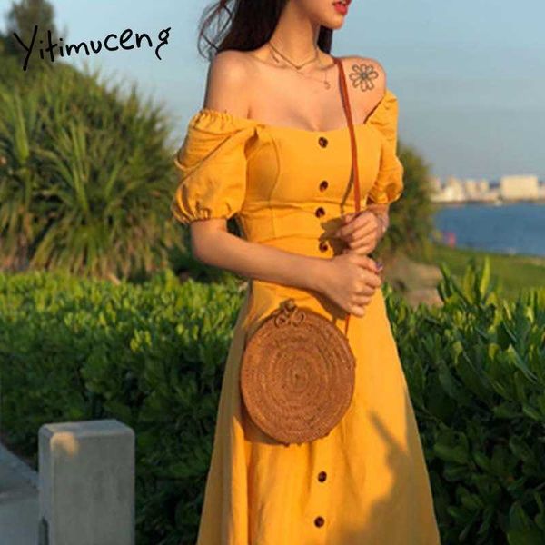 yitimuceng yellow dresses women summer button up slim midi dress korean fashion high waist puff sleeve square collar 210601, Black;gray
yitimuceng yellow dresses women summer button up slim midi dress korean fashion high waist puff sleeve square collar 210601, Black;gray