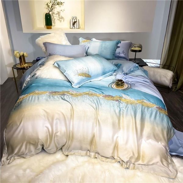 600tc tencel silk soft bedding set chic embroidery feather blue duvet cover set bed sheet pillowcases king size 4pcs
600tc tencel silk soft bedding set chic embroidery feather blue duvet cover set bed sheet pillowcases king size 4pcs