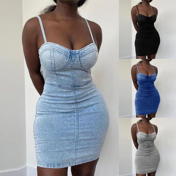 casual dresses women solid color spaghetti straps waist tight bodycon mini denim dress, Black;gray
casual dresses women solid color spaghetti straps waist tight bodycon mini denim dress, Black;gray
