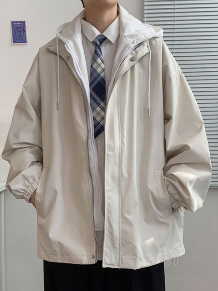 men zip up drawstring hem windbreaker jacket without hoodie h7em#, Black;brown