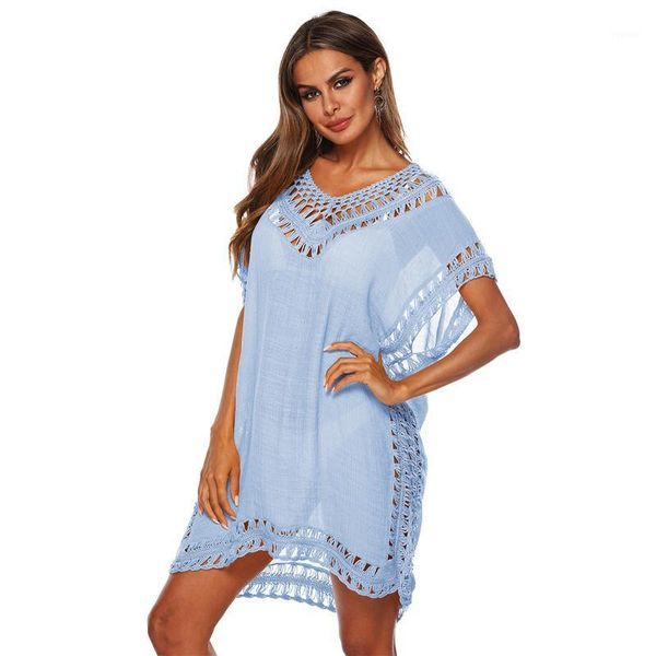 women summer sun-proof hollow cover-ups, solid color v-neck loose short sleeves swimsuit cover for beach wear 2021 women's swimwear, White;black
women summer sun-proof hollow cover-ups, solid color v-neck loose short sleeves swimsuit cover for beach wear 2021 women's swimwear, White;black