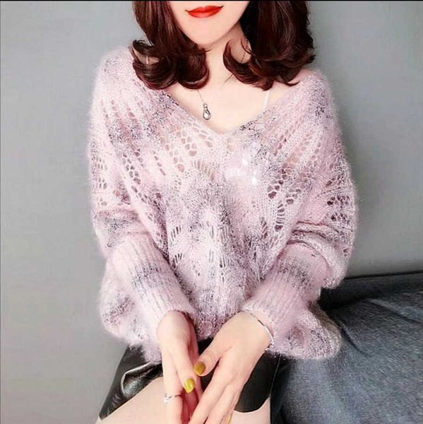 women's thermal sweater wind 2021 european mohair bright silk hollow knitting v-ne loose fashion, White;black
women's thermal sweater wind 2021 european mohair bright silk hollow knitting v-ne loose fashion, White;black