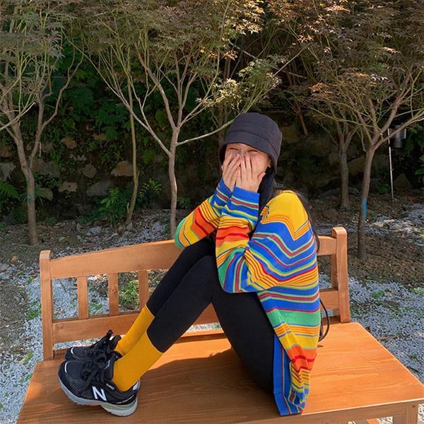 women's sweaters rainbow women winter 2021 jumpers knitted clothes fashion striped oversized pullover female, White;black
women's sweaters rainbow women winter 2021 jumpers knitted clothes fashion striped oversized pullover female, White;black