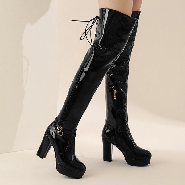 boots autumn winter women's patent leather belt buckle over the knee thick high heel platform thigh boot ladies fashion shoe, Black
boots autumn winter women's patent leather belt buckle over the knee thick high heel platform thigh boot ladies fashion shoe, Black