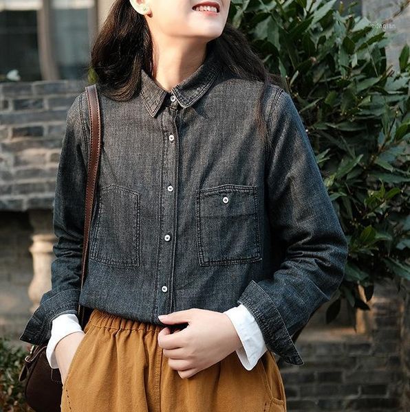 blouse spring retro women loose denim shirt cardigan button pocket casual all-match vintage women's blouses & shirts, White
blouse spring retro women loose denim shirt cardigan button pocket casual all-match vintage women's blouses & shirts, White