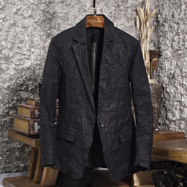 men's leather & faux winkle cow blazer single button slim fit genuine suit men fashion design smart casual jacket male, Black
men's leather & faux winkle cow blazer single button slim fit genuine suit men fashion design smart casual jacket male, Black