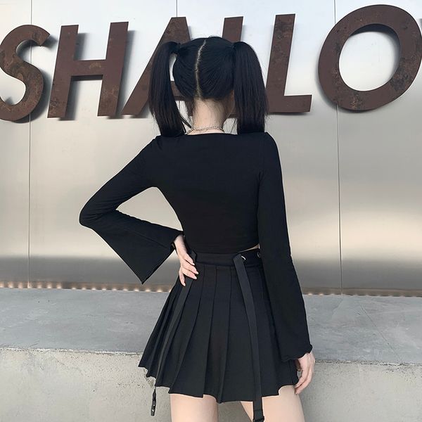 women flare long sleeve solid color crop gothic slim lace up hollow out casual tshirt female streetwear top, White
women flare long sleeve solid color crop gothic slim lace up hollow out casual tshirt female streetwear top, White