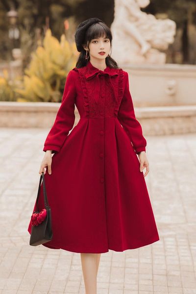 women's wool & blends winter burgundy coat women vintage bow lace mandarin collar long design woolen jackets fall clothes for elegant s, Black
women's wool & blends winter burgundy coat women vintage bow lace mandarin collar long design woolen jackets fall clothes for elegant s, Black