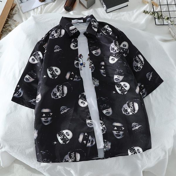 men's casual shirts 2021 summer men cool japanese-style street style avatar pattern thin short-sleeved shirt, White;black
men's casual shirts 2021 summer men cool japanese-style street style avatar pattern thin short-sleeved shirt, White;black