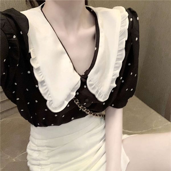 bubble sleeve women's summer dress new style doll collar wave point chiffon shirt high waist skirt two piece suit, White
bubble sleeve women's summer dress new style doll collar wave point chiffon shirt high waist skirt two piece suit, White