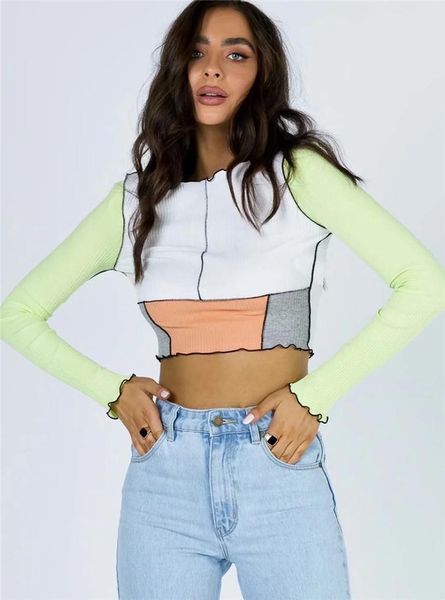 women's t-shirt long sleeve t-shirt, casual tight low collar blouse, splicing contrast color t-shirts, White
women's t-shirt long sleeve t-shirt, casual tight low collar blouse, splicing contrast color t-shirts, White