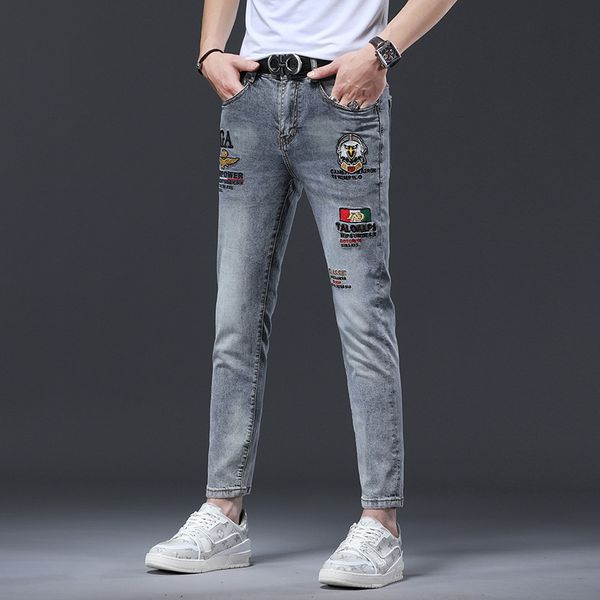 mens jeans cropped pants slim fit small foot elastic fashion brand letter embroidery drill summer men, Blue
mens jeans cropped pants slim fit small foot elastic fashion brand letter embroidery drill summer men, Blue