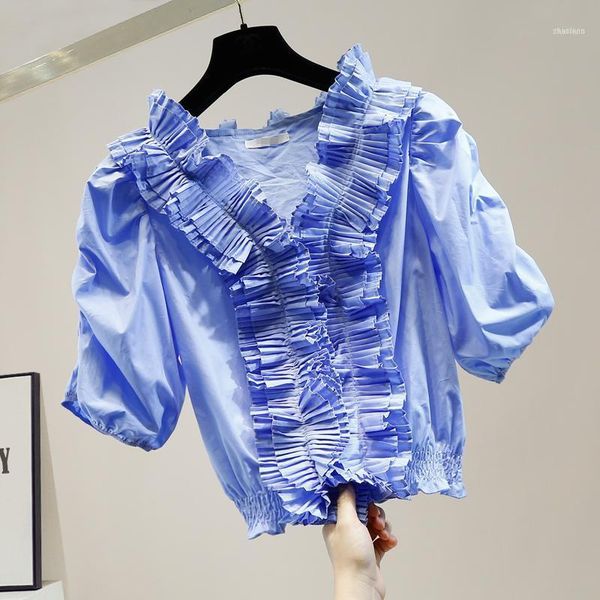 women blouse french retro pleated sleeve v-neck high waist shirt female temperament all-match crop, White
women blouse french retro pleated sleeve v-neck high waist shirt female temperament all-match crop, White