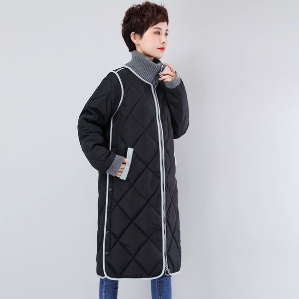 female cold coat solid casual long women's winter jacket with zipper buttons thick stand collar cotton padded parkas, Black
female cold coat solid casual long women's winter jacket with zipper buttons thick stand collar cotton padded parkas, Black