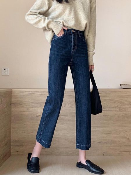 women's jeans straight pants blue wide leg spring and autumn 2021 high waist slim casual capris