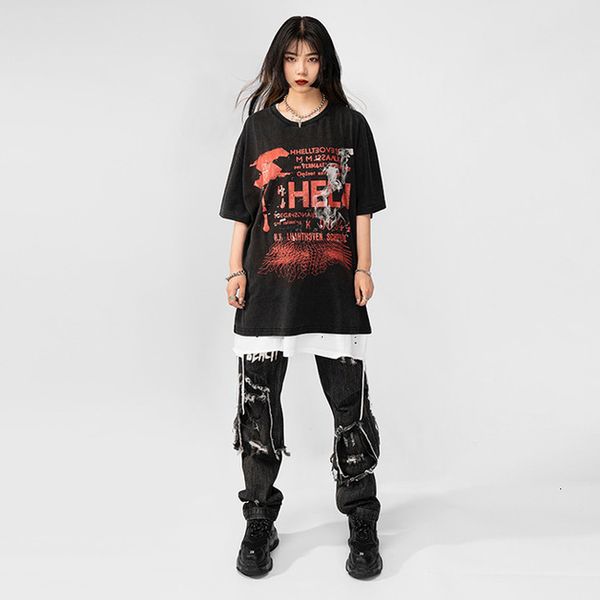 women's t-shirt summer tide brand dark function fenggao street shoulder wash old loose mens and womens wearqueen, White
women's t-shirt summer tide brand dark function fenggao street shoulder wash old loose mens and womens wearqueen, White