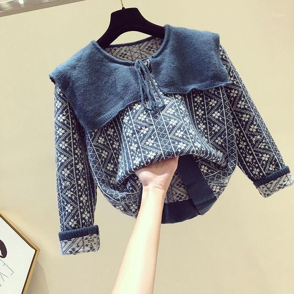 baby collar national style thickened sweater women pullover 2021 autumn winter korean loose retro knitwear women's sweaters, White;black
baby collar national style thickened sweater women pullover 2021 autumn winter korean loose retro knitwear women's sweaters, White;black