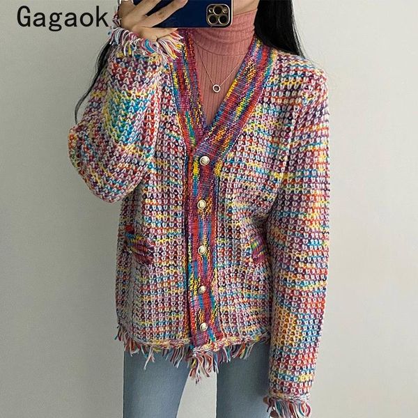 women's knits & tees gagaok women rainbow cardigan 2021 spring autumn streetwear patchwork tassel v-neck knit sweater slim outwear wild, White
women's knits & tees gagaok women rainbow cardigan 2021 spring autumn streetwear patchwork tassel v-neck knit sweater slim outwear wild, White