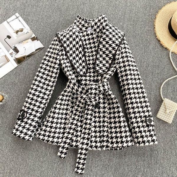 women's wool & blends 2021 autumn winter fashion temperament female lapel houndstooth retro tweed jacket cardigan df862, Black
women's wool & blends 2021 autumn winter fashion temperament female lapel houndstooth retro tweed jacket cardigan df862, Black