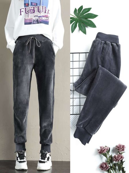 women's velour casual loose legged sports pants in autumn and winter, Black;white
women's velour casual loose legged sports pants in autumn and winter, Black;white