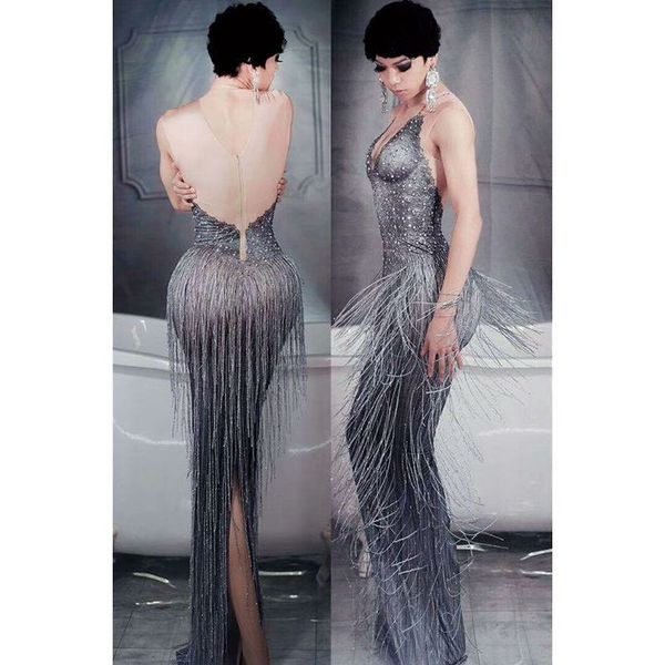 new gray fringe pearls rhinestones long dress women birthday prom party dress sleeveless singer stage costume bodycon dress, Black;red
new gray fringe pearls rhinestones long dress women birthday prom party dress sleeveless singer stage costume bodycon dress, Black;red