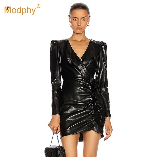 black dress autumn women's v-neck ruffled pu leather elegant slim party runway vestidos 210527, Black;gray
black dress autumn women's v-neck ruffled pu leather elegant slim party runway vestidos 210527, Black;gray