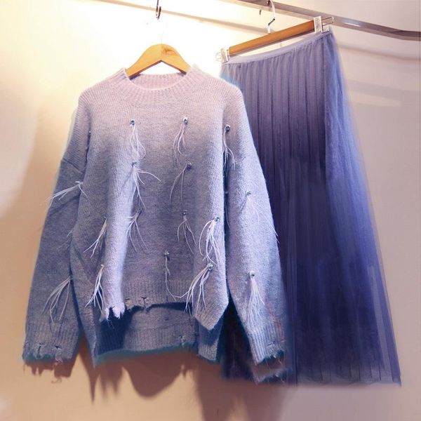 two piece dress tileewon ladies winter set long sleeve sweater with fashion korean style purple color plus size 4xl, White 
two piece dress tileewon ladies winter set long sleeve sweater with fashion korean style purple color plus size 4xl, White