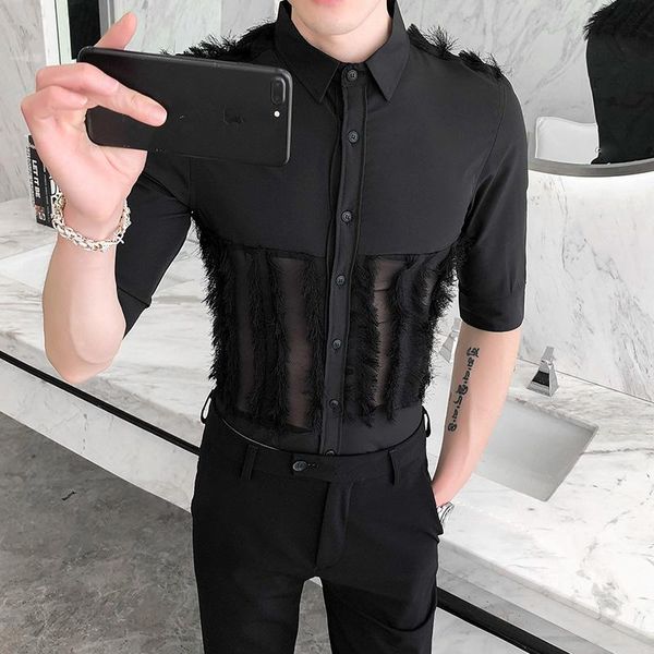 men's casual shirts british style summer half sleeve lace spliced for men clothing 2021 slim fit transparent blouse homme 2colors, White;black
men's casual shirts british style summer half sleeve lace spliced for men clothing 2021 slim fit transparent blouse homme 2colors, White;black