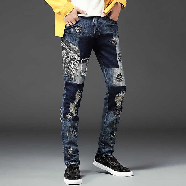 pierced jeans embroidered small straight pants personalized patch print, Blue
pierced jeans embroidered small straight pants personalized patch print, Blue