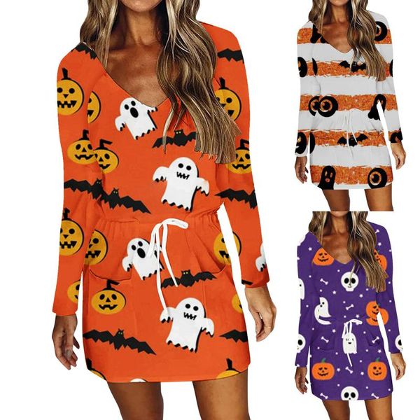 casual dresses women's autumn long sleeves v-neck halloween prints waist drawstring mini dress with pocket party vestidos, Black;gray
casual dresses women's autumn long sleeves v-neck halloween prints waist drawstring mini dress with pocket party vestidos, Black;gray