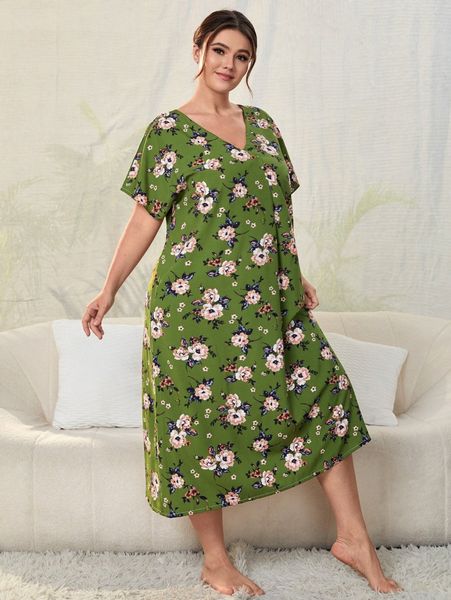 plus allover floral night dress 19kb#, Black;white
