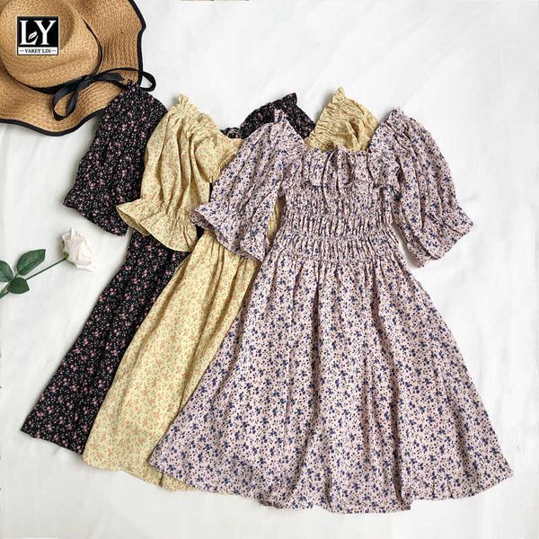 ly varey lin summer women casual puff sleeve a-line female chiffon dress sweet square collar floral high waist short 210526, Black;gray