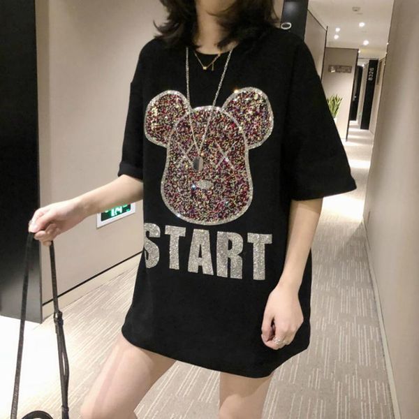 women's t-shirt oversized cute bear printed t shirt with diamonds short sleeve cotton tshirt ladies summer 2021 embroidery graphic tee, White
women's t-shirt oversized cute bear printed t shirt with diamonds short sleeve cotton tshirt ladies summer 2021 embroidery graphic tee, White