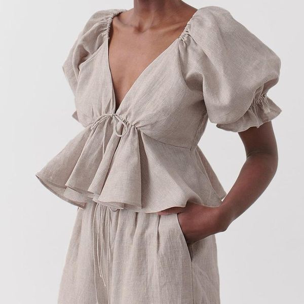 women's blouses & shirts 2021 summer shirt short sleeve leaky back v-neck cotton and linen bubble cross-border, White
women's blouses & shirts 2021 summer shirt short sleeve leaky back v-neck cotton and linen bubble cross-border, White