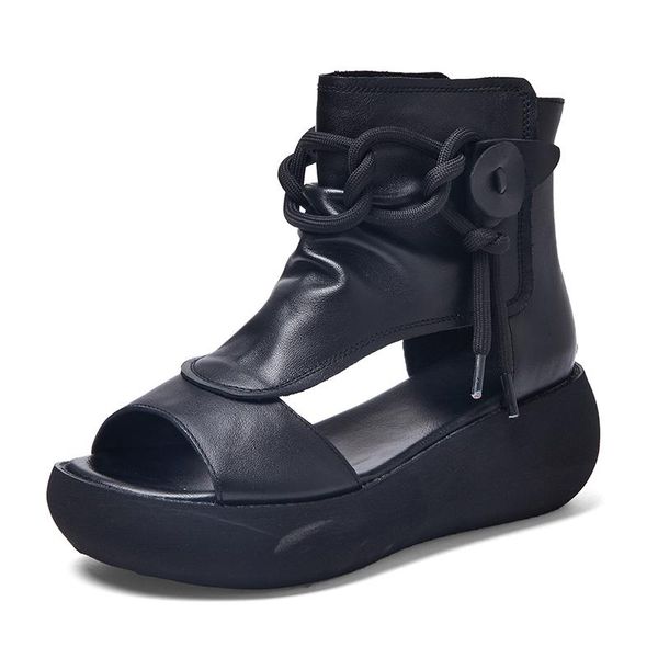 leather sandals new high women's shoes in 2021 summer retro sandals, Black