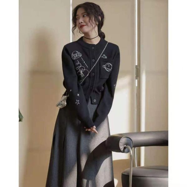 women's knits & tees women embroidered black female knitted cardigan sweater cartoon spring autumn fall plus size, White
women's knits & tees women embroidered black female knitted cardigan sweater cartoon spring autumn fall plus size, White