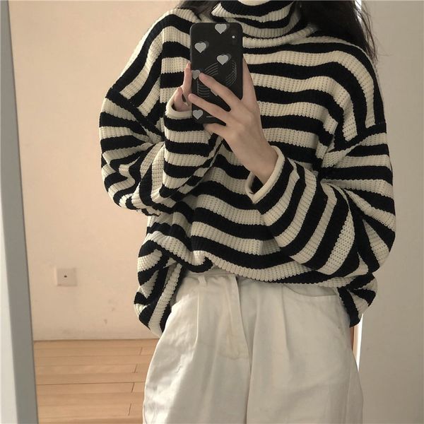 simple black striped turtleneck female casual winter ladies high street fashion sweater mesh 2021 va48, White;black
simple black striped turtleneck female casual winter ladies high street fashion sweater mesh 2021 va48, White;black