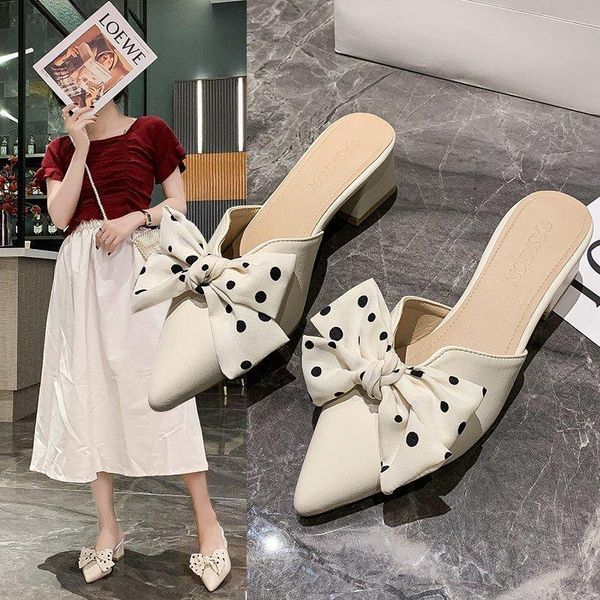 slippers summer bowknot polka dot pattern pointed temperament high-heeled ladies muller outer wear fashion trend., Black
slippers summer bowknot polka dot pattern pointed temperament high-heeled ladies muller outer wear fashion trend., Black