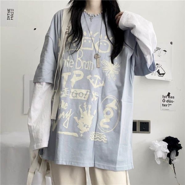 women's long-sleeved shirt autumn korean version ins japanese alphabet graffiti imprint sewing fake two loose student chms, White
women's long-sleeved shirt autumn korean version ins japanese alphabet graffiti imprint sewing fake two loose student chms, White