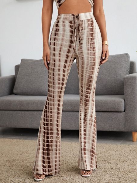knot waist flare leg tie dye pants 390q#, Black;white